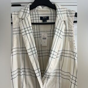 Anthropologie Black & White Plaid Linen Long Vest